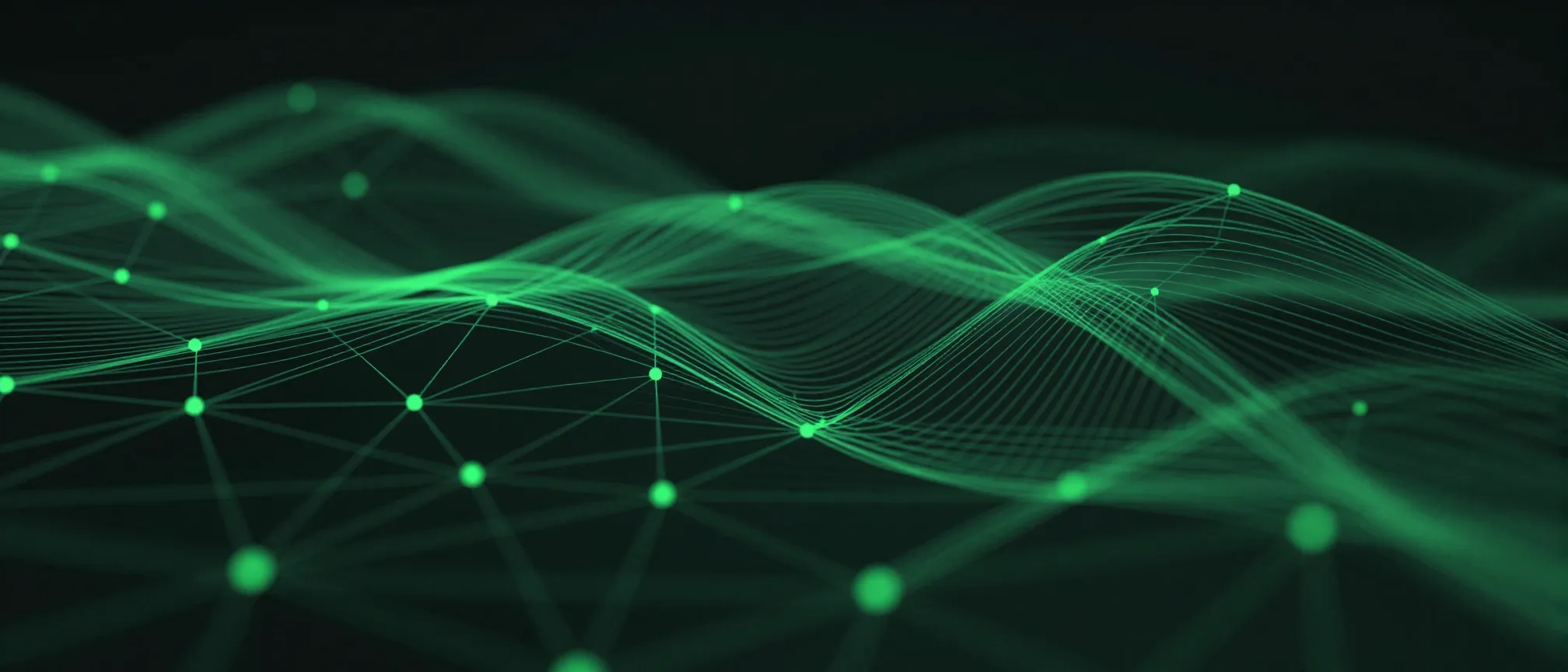 Abstract data-automation visualization: an emerald lattice of connected nodes and signal lines resolving in dark space.