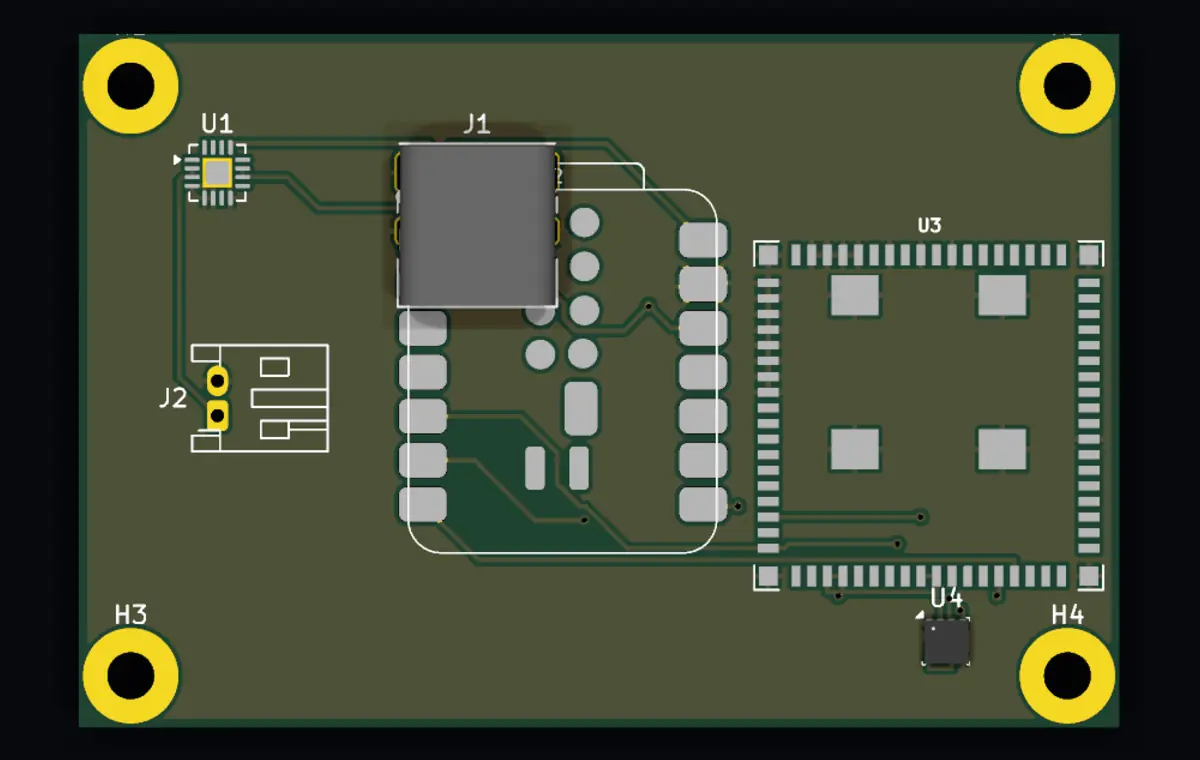 Fabrication output for the Chameleon mesh node: the routed board with its radio module footprint, castellated edge pads, mounting holes and USB power input, as submitted for manufacture.